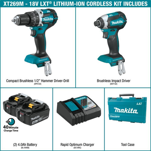 Makita XT269M  18V LXT Lithium-Ion Brushless Cordless 2-Piece Combo Kit Hammer Drill-Driver and Impact Driver (4.0Ah) Image 3