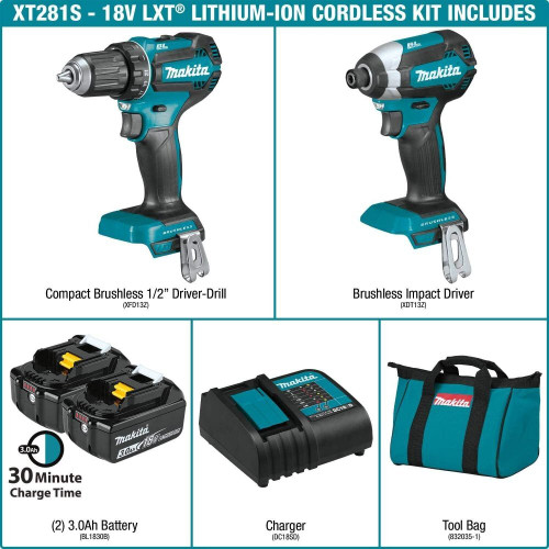 Makita XT281S  18V LXT Lithium-Ion Brushless Cordless 2-Piece Combo Kit Drill-Driver and Impact Driver (3.0Ah) Image 1