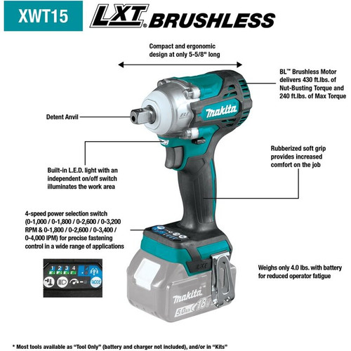 Makita XWT15Z  18V LXT Lithium-Ion Brushless Cordless 4-Speed 1/2" Sq. Drive Impact Wrench Tool Only Image 3 Makita XWT15Z  18V LXT Lithium-Ion Brushless Cordless 4-Speed 1/2" Sq. Drive Impact Wrench Tool Only Image 3