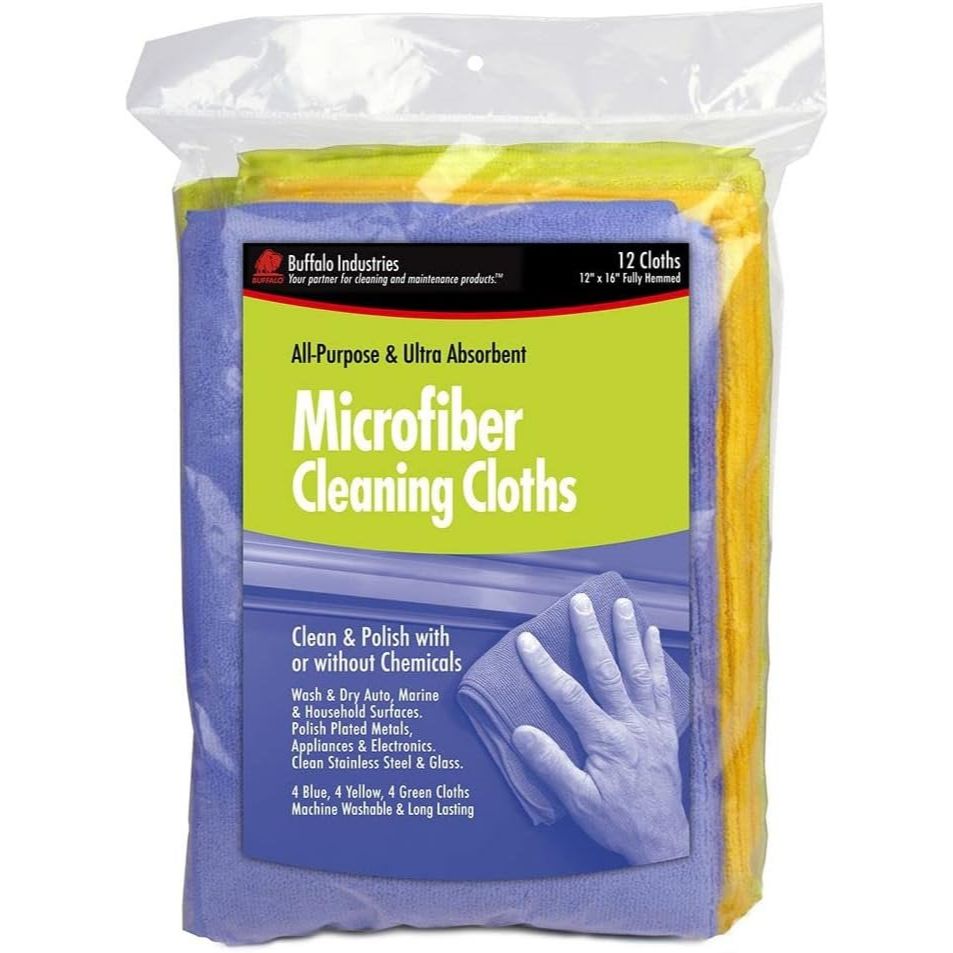 Buffalo 65003  12" x 16" Economy Microfiber Cleaning Cloths - 12 per Bag (4 each Blue, Green and Yellow)