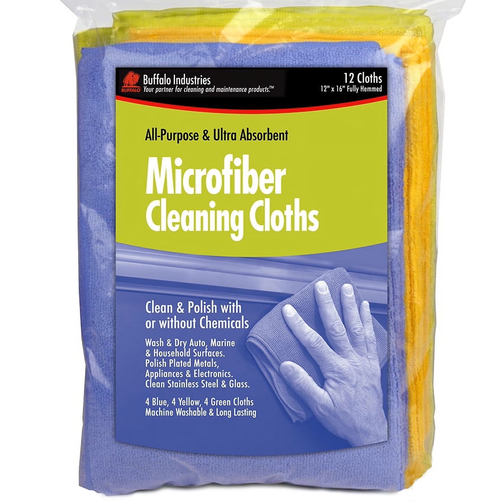 Buffalo 65003  12" x 16" Microfiber Cleaning Cloths - 12 per Bag (4 each Blue, Green and Yellow)