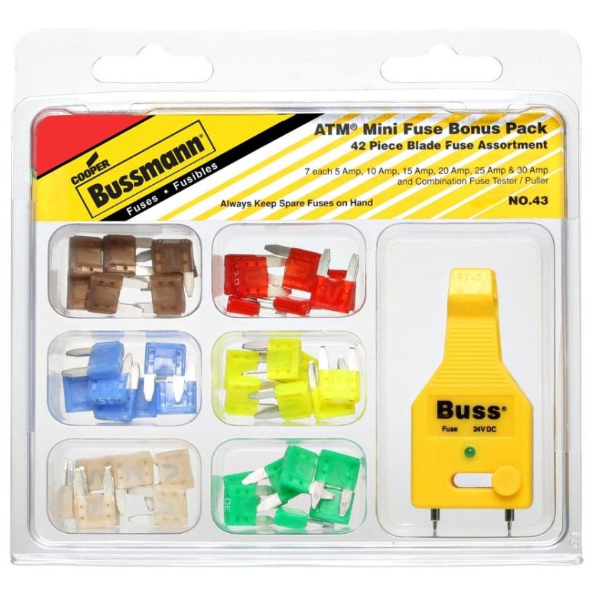Bussmann 43 ATM Blade Fuse Bonus Kit with 42 ATM Fuses and Tester/Puller Bussmann 43 ATM Blade Fuse Bonus Kit with 42 ATM Fuses and Tester/Puller