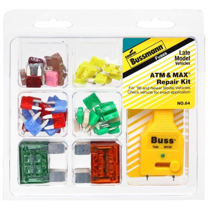 Bussmann 64 ATM and MAX Blade Fuse Repair Kit with 59 ATM Fuses, 4 MAX Fuses and Tester Puller Bussmann 64 ATM and MAX Blade Fuse Repair Kit with 59 ATM Fuses, 4 MAX Fuses and Tester Puller