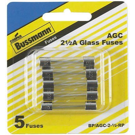 Bussmann BP/AGC-2-1/2-RP  AGC 2-1/2 Amp Fast-Acting Glass Tube Fuses 1/4" x 1-1/4" - 5 per Card