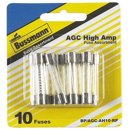 Bussmann BP/AGC-AH10-RP  AGC 1/4" x 1-1/4" Fast-Acting Glass Tube Fuse 10 Fuse High Amp Assortment