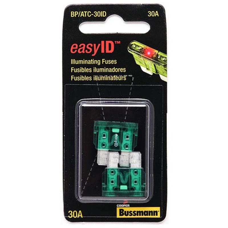 Bussmann BP/ATC-30ID Green ATC 30 Amp easyId Illuminating Fast-Acting Automotive Blade Fuses - 2 per Card Bussmann BP/ATC-30ID Green ATC 30 Amp easyId Illuminating Fast-Acting Automotive Blade Fuses - 2 per Card