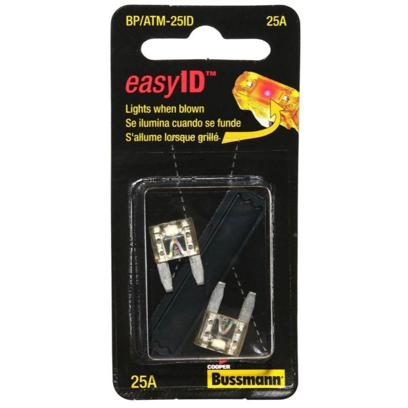 Bussmann BP/ATM-25ID  Clear ATM 25 Amp easyId Illuminating Fast-Acting Automotive Mini Blade Fuses - 2 per Card