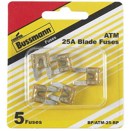 Bussmann BP/ATM-25-RP Clear ATM 25 Amp Fast-Acting Automotive Mini Blade Fuses - 5 per Card Bussmann BP/ATM-25-RP Clear ATM 25 Amp Fast-Acting Automotive Mini Blade Fuses - 5 per Card