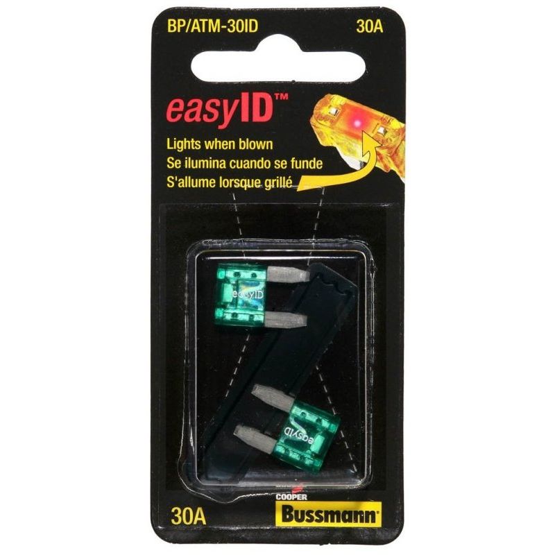 Bussmann BP/ATM-30ID  Green ATM 30 Amp easyId Illuminating Fast-Acting Automotive Mini Blade Fuses - 2 per Card