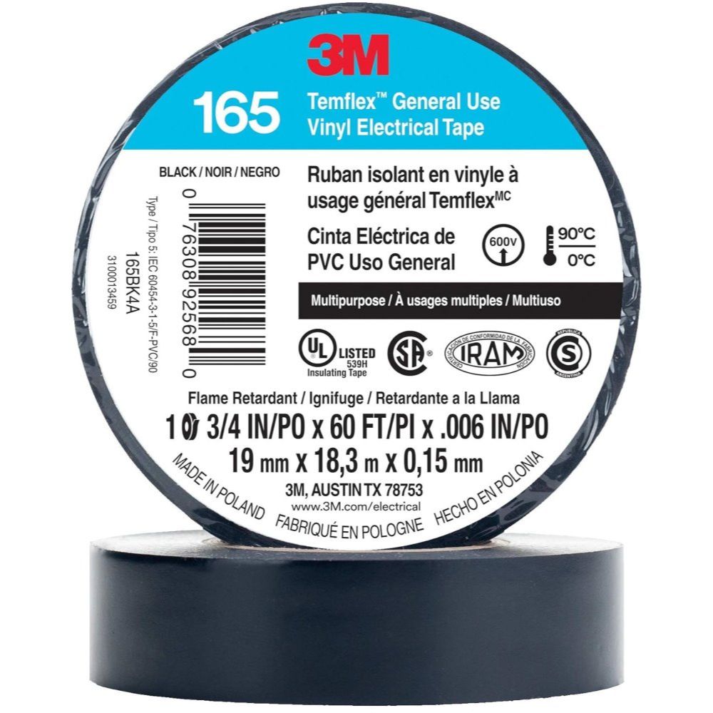 3M Temflex 165BK4A 3/4" x 60' Black General Use Vinyl Electrical Tape 3M Temflex 165BK4A 3/4" x 60' Black General Use Vinyl Electrical Tape