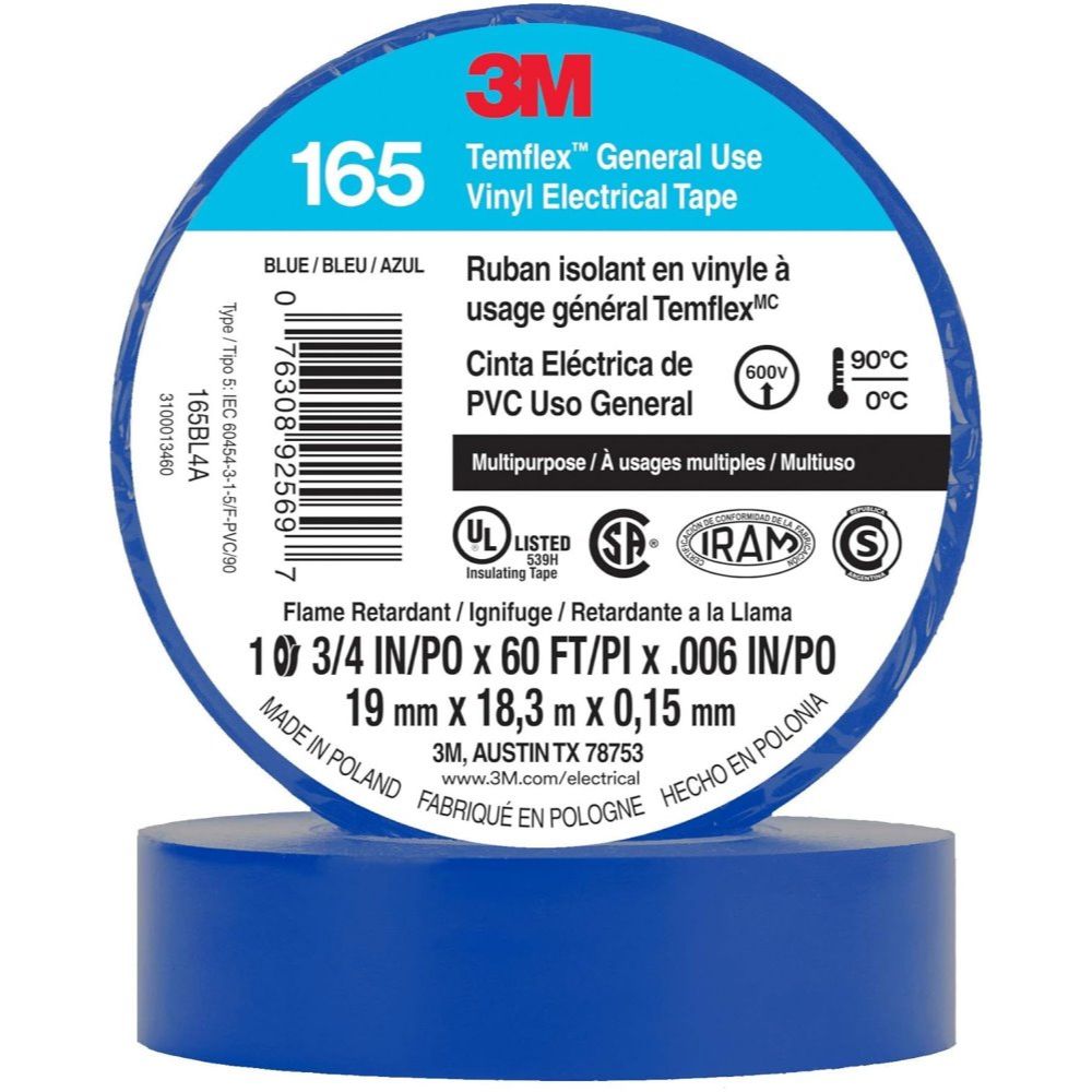 3M Temflex 165BL4A  3/4" x 60' Blue General Use Vinyl Electrical Tape