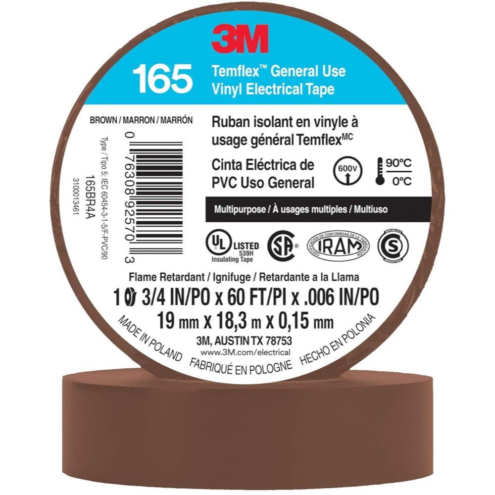 3M Temflex 165BR4A  3/4" x 60' Brown General Use Vinyl Electrical Tape
