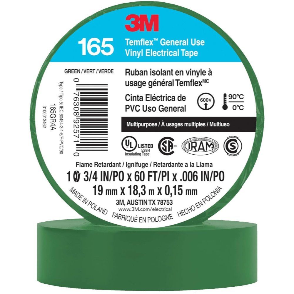 3M Temflex 165GR4A 3/4" x 60' Green General Use Vinyl Electrical Tape 3M Temflex 165GR4A 3/4" x 60' Green General Use Vinyl Electrical Tape