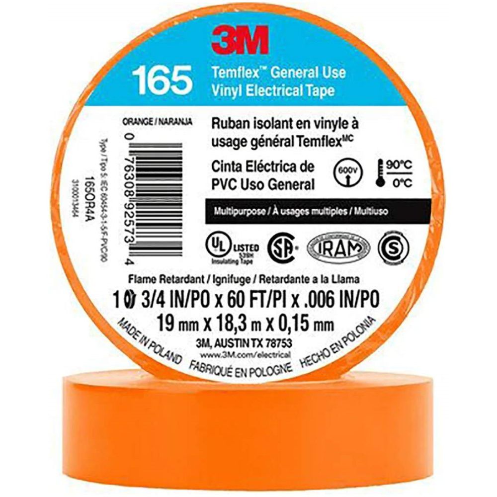 3M Temflex 165OR4A  3/4" x 60' Orange General Use Vinyl Electrical Tape