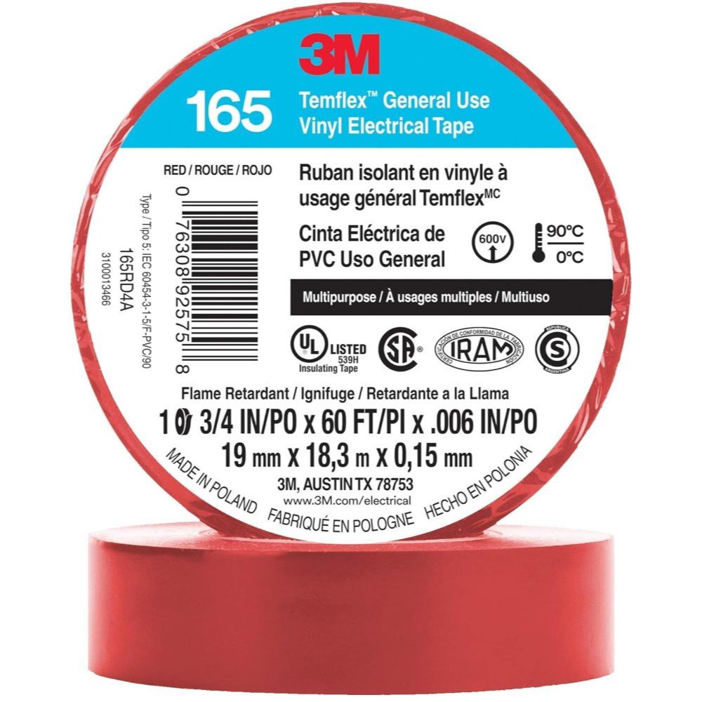 3M Temflex 165RD4A 3/4" x 60' Red General Use Vinyl Electrical Tape 3M Temflex 165RD4A 3/4" x 60' Red General Use Vinyl Electrical Tape