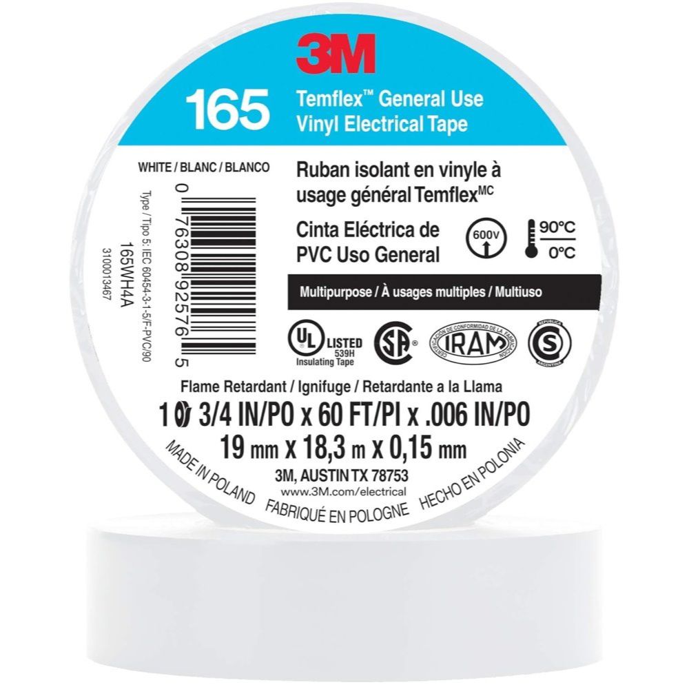 3M Temflex 165WH4A  3/4" x 60' White General Use Vinyl Electrical Tape