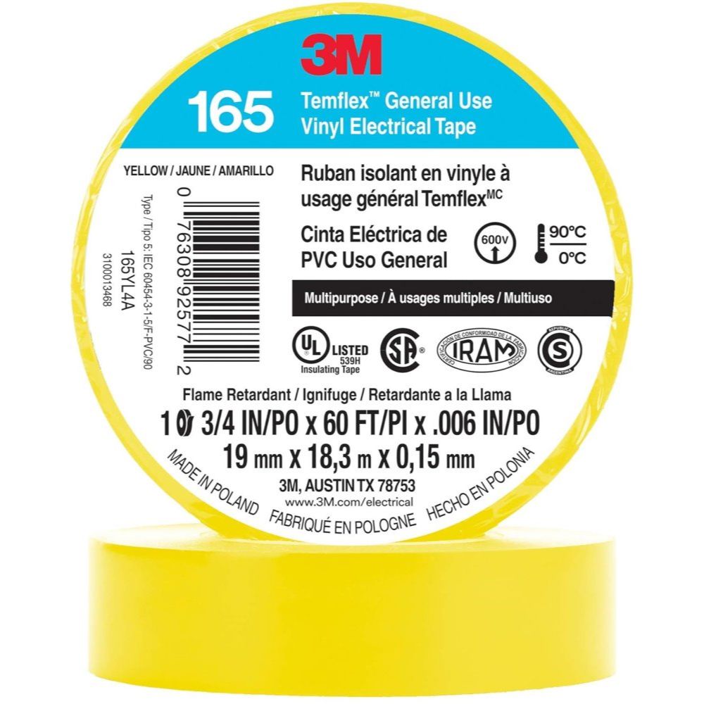3M Temflex 165YL4A  3/4" x 60' Yellow General Use Vinyl Electrical Tape