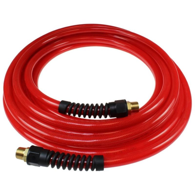 Coilhose Pneumatics PFE40254TR  1/4" x 25' Flexeel Polyurethane Reinforced Straight Air Hose with Strain Relief Fittings - Transparent Red