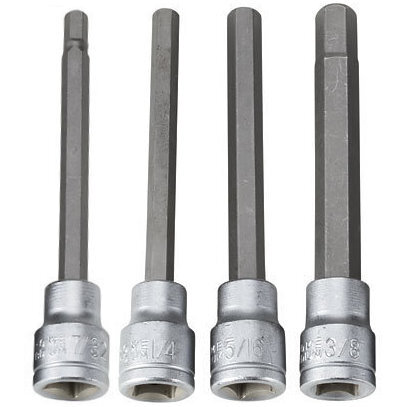 Performance Tool W86021  4 Piece 3/8" Drive Long Shank SAE Disc Brake Caliper Hex Bit Socket Set (7/32", 1/4", 5/16" and 3/8")