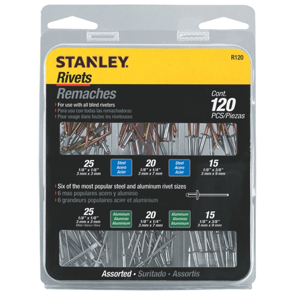 Stanley R120 Rivet Assortment 6 Sizes - 120 Pieces Stanley R120 Rivet Assortment 6 Sizes - 120 Pieces