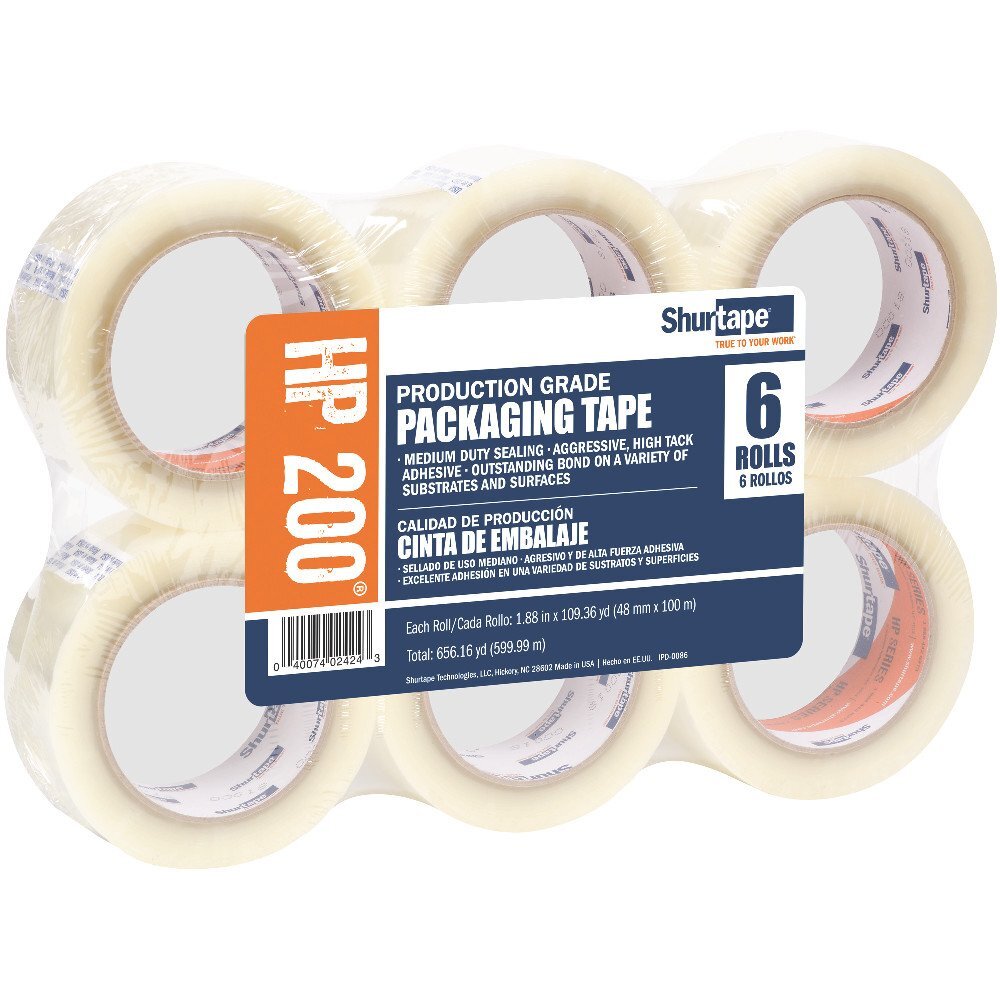 Shurtape HP200-C  Hot Melt Packing Tape Clear 2" x 100 yd 6 Roll Pack