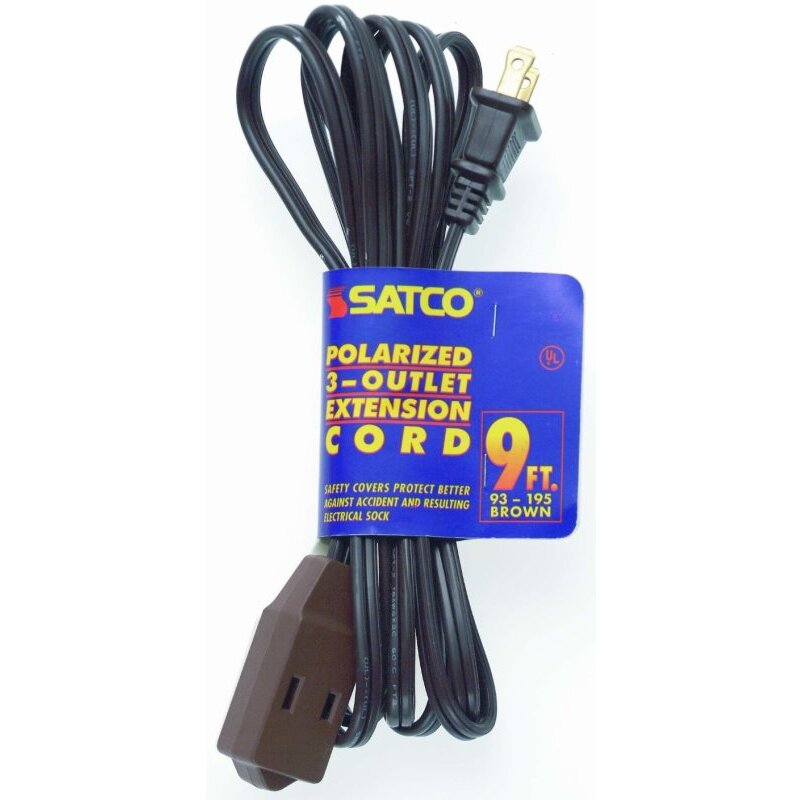 Satco 93-195  9' Brown 3 Outlet Polarized Extension Cord - 16/2 SPT
