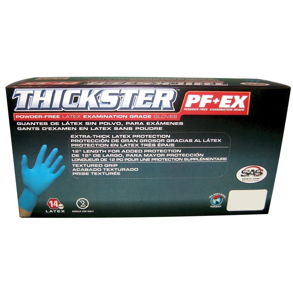 SAS Safety 6604-20  Thickster 14 mil Powder-Free Exam Grade Disposable Latex Gloves - X-Large (50 Gloves per Box)