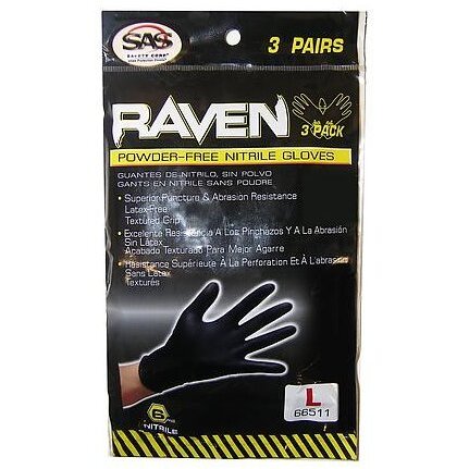 SAS Safety 66511 Raven 7 mil Black Nitrile Disposable Gloves - Large (3 Pair per Package) SAS Safety 66511 Raven 7 mil Black Nitrile Disposable Gloves - Large (3 Pair per Package)
