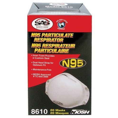 SAS Safety 8610 N95 Rated Particulate Respirator / Dust Mask - 20 per Package SAS Safety 8610 N95 Rated Particulate Respirator / Dust Mask - 20 per Package