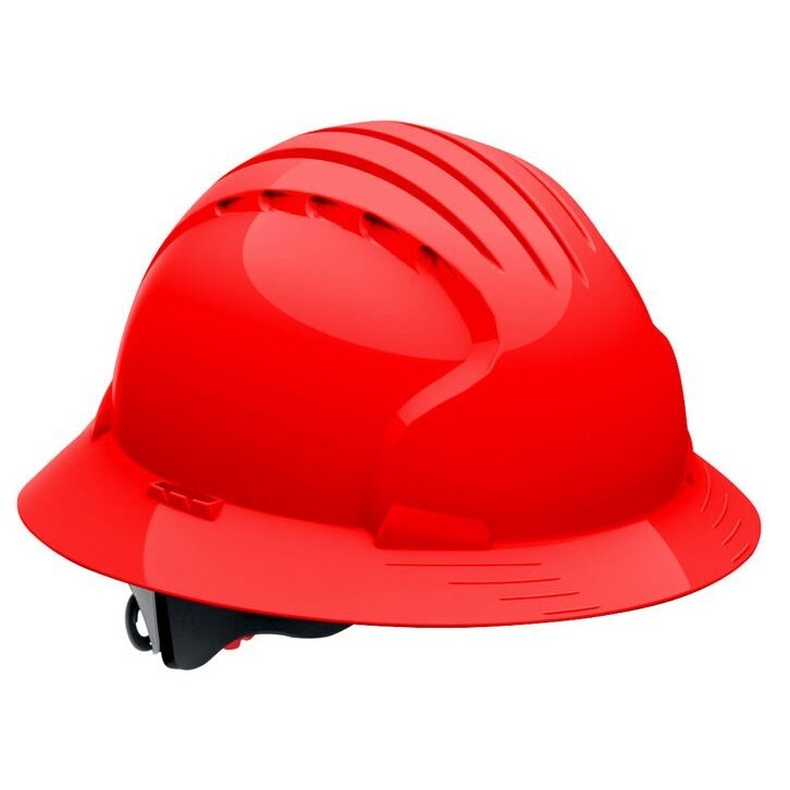 JSP 280-EV6161-60  Evolution Deluxe - Full Brim Non Vented Hard Hat 6 Point Polyester Suspension With Wheel Ratchet Adjustment - Red