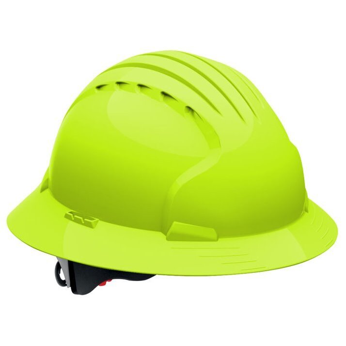 JSP 280-EV6161-LY  Evolution Deluxe - Full Brim Non Vented Hard Hat 6 Point Polyester Suspension With Wheel Ratchet Adjustment - Lime Yellow