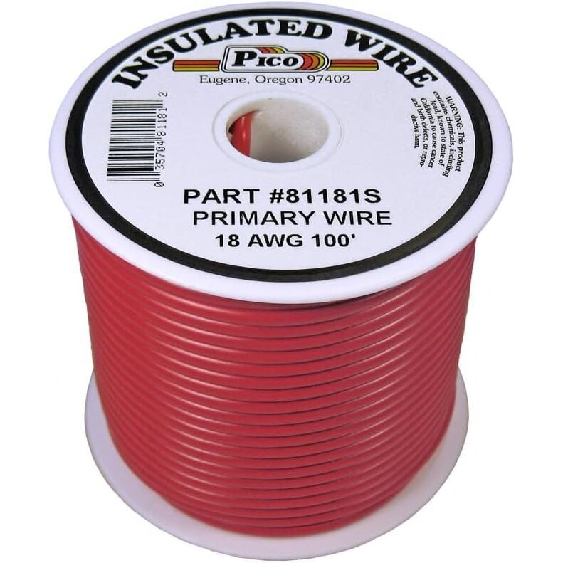 Pico 81181S 18 AWG Red Primary Wire Copper Stranded Conductor with PVC Jacket 100' per Spool Pico 81181S 18 AWG Red Primary Wire Copper Stranded Conductor with PVC Jacket 100' per Spool