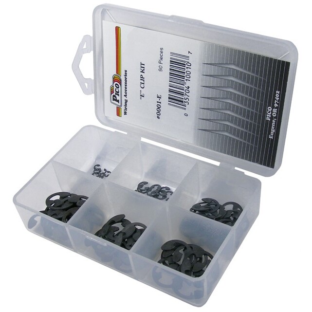 Pico 0001-E  90 Piece "E" Clip Assortment Kit 5 Sizes from 3/32" to 7/16" Shaft Size in Plastic Kit Box