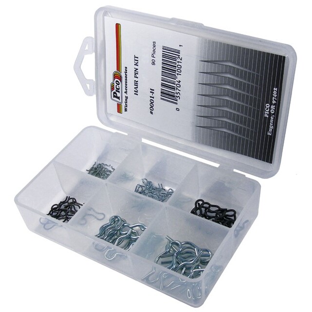 Pico 0001-H 90 Piece Hair Pin Retainer Assortment Kit 6 Sizes from 1/16" to 3/8" Groove in Plastic Kit Box Pico 0001-H 90 Piece Hair Pin Retainer Assortment Kit 6 Sizes from 1/16" to 3/8" Groove in Plastic Kit Box