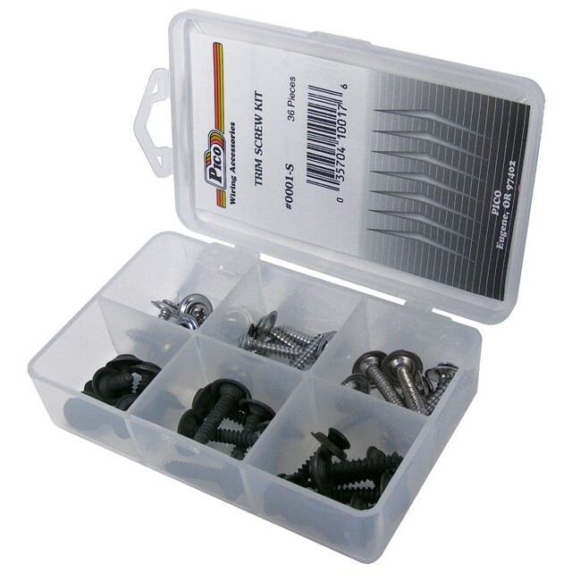 Pico 0001-S  36 Piece Black and Chrome Trim Screw Assortment Kit  with Counter Sunk Washers in Plastic Kit Box
