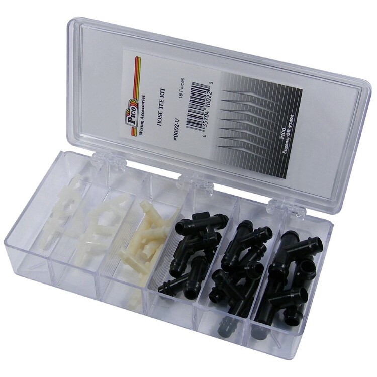 Pico 0002-V  18 Piece Vacuum Line Plastic Hose Tee Assortment Kit 5 Sizes from 1/8" to 3/8" Hose ID in Plastic Kit Box