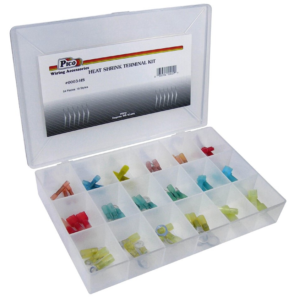 Pico 0003-HS 54 Piece Crimp and Heat Shrink Terminal Assortment Kit in Plastic Kit Box Pico 0003-HS 54 Piece Crimp and Heat Shrink Terminal Assortment Kit in Plastic Kit Box