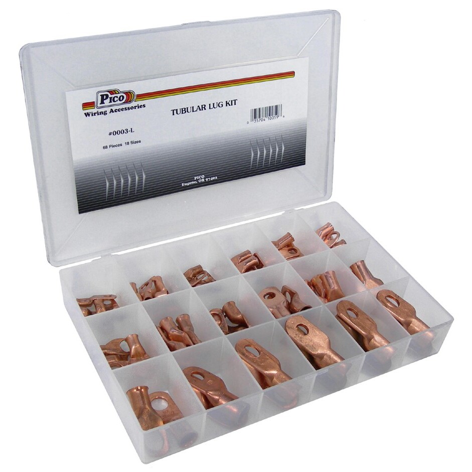 Pico 0003-L 68 Piece Solid Copper Tubular Lug Terminal Assortment Kit with 18 Sizes in Plastic Kit Box Pico 0003-L 68 Piece Solid Copper Tubular Lug Terminal Assortment Kit with 18 Sizes in Plastic Kit Box