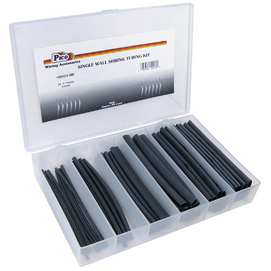 Pico 0003-SR  54 Piece Single Wall Black Shrink Tube Assortment Kit 6" Tubes in Plastic Kit Box