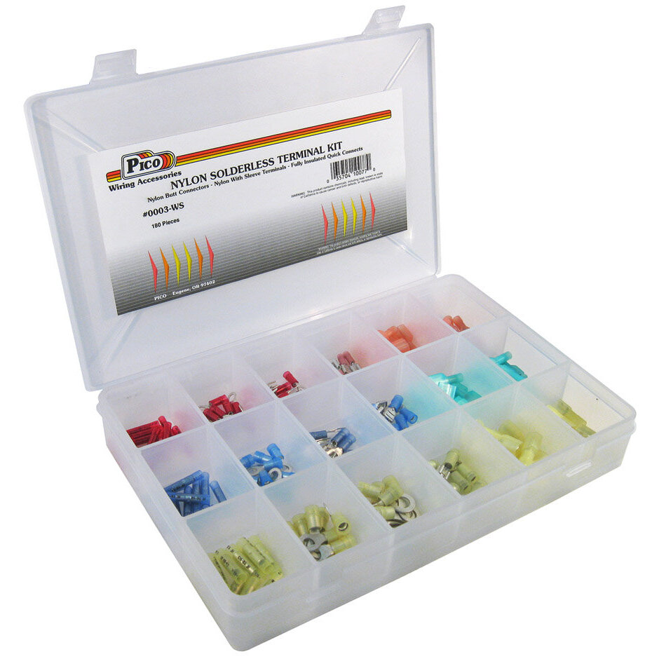 Pico 0003-WS  180 Piece Nylon Sleeved Solderless Electrical Terminals Assortment Kit 18 Sizes in Plastic Kit Box