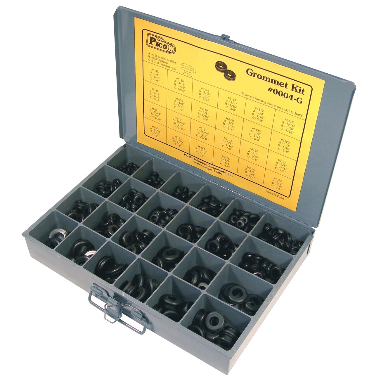 Pico 0004-G  477 Piece Assorted Grommet Assortment Kit with 10 Sizes from 1/4" to 1" Grommets in Metal Kit Drawer