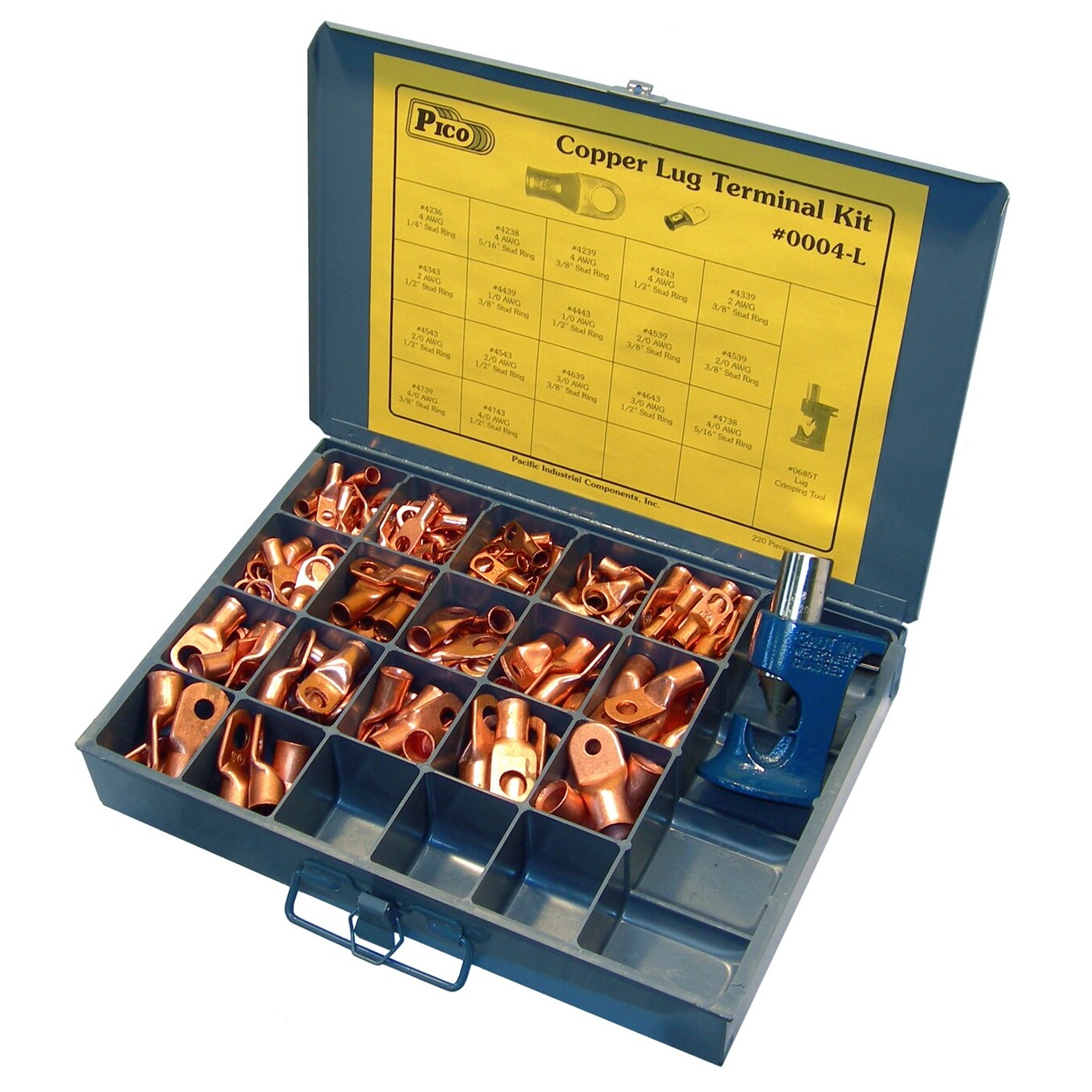 Pico 0004-L  220 Piece Solid Copper Tubular Lug Terminal Assortment Kit with Crimping Tool in Metal Kit Drawer