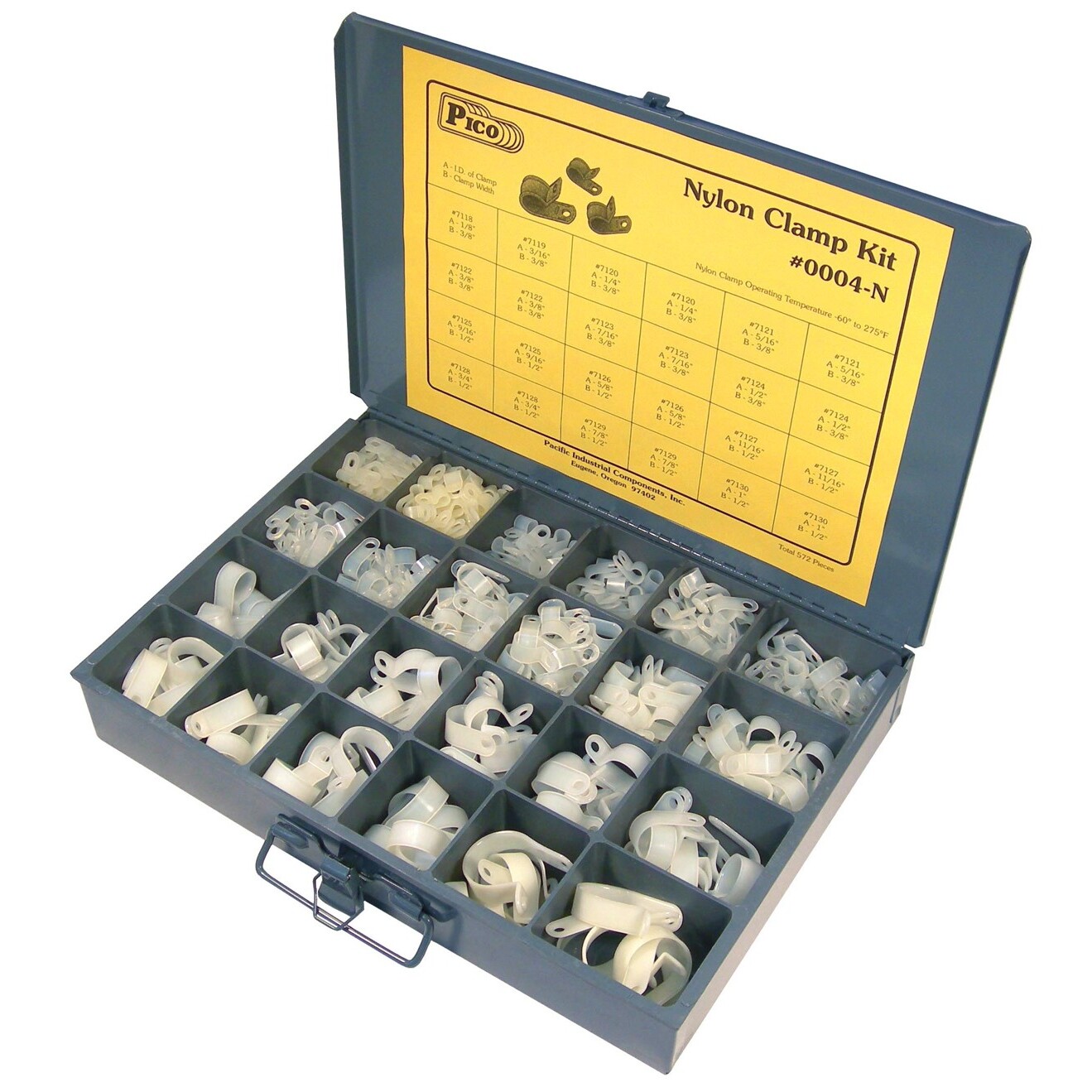 Pico 0004-N 482 Piece Assorted Nylon Wiring Clamp Assortment Kit with 11 Sizes 1/8" to 1" ID in Metal Kit Drawer Pico 0004-N 482 Piece Assorted Nylon Wiring Clamp Assortment Kit with 11 Sizes 1/8" to 1" ID in Metal Kit Drawer