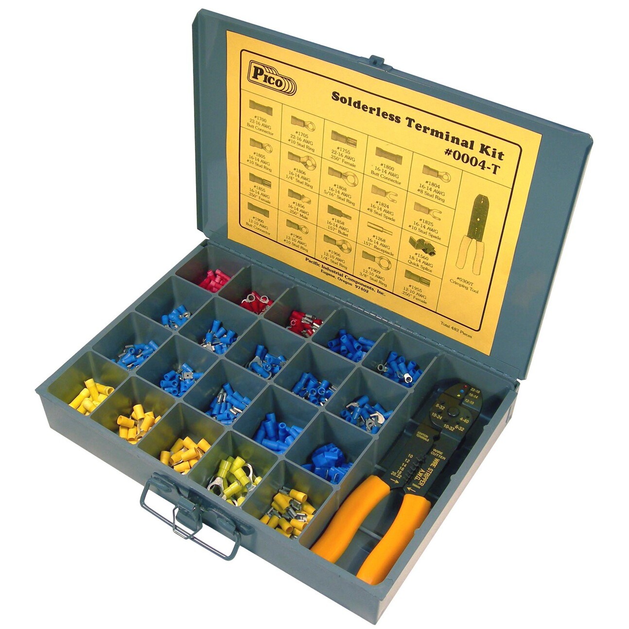 Pico 0004-T 482 Piece Solderless Electrical Terminal Assortment Kit with Crimping Tool in Metal Kit Drawer Pico 0004-T 482 Piece Solderless Electrical Terminal Assortment Kit with Crimping Tool in Metal Kit Drawer