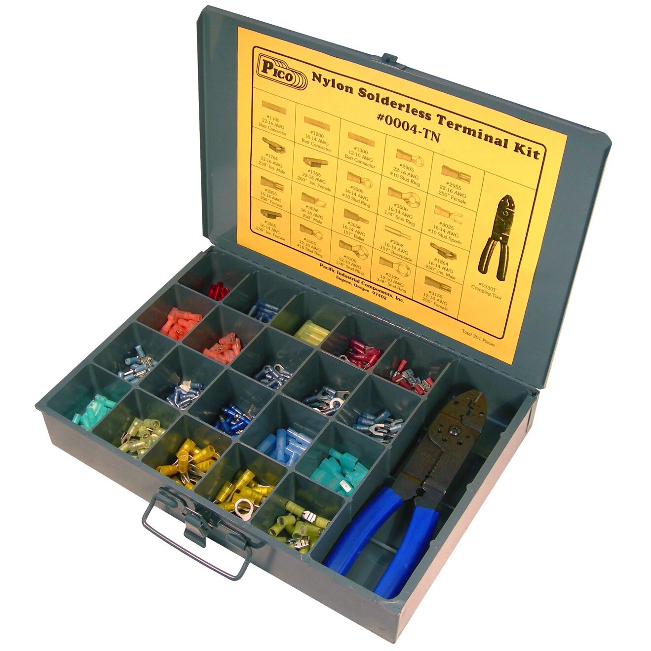 Pico 0004-TN  301 Piece Nylon Sleeved Solderless Electrical Terminals Assortment Kit with Crimping Tool in Metal Kit Drawer