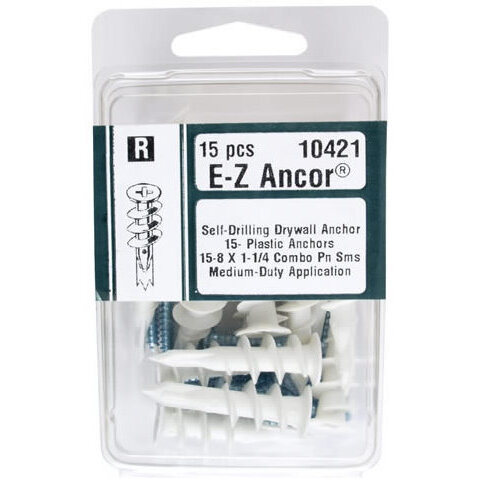 Midwest Fastener 10421  #8 E-Z Ancor Self-Drilling Plastic Drywall Anchors with Screws - 15 per Package