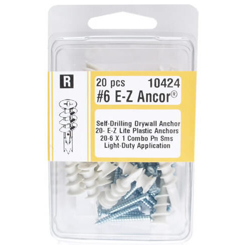 Midwest Fastener 10424  #6 E-Z Ancor Self-Drilling Plastic Drywall Anchors with Screws - 20 per Package