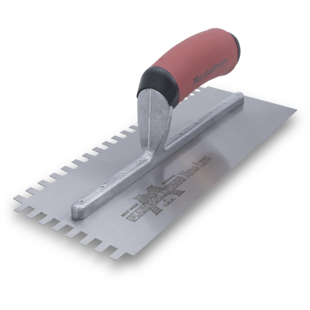 Marshalltown 776SD 11" x 4-1/2" Standard Notched Trowel with 1/4" x 3/8" x 1/4" Square Notches for Right Handed with DuraSoft Handle Square Notched Trowel (15806) Marshalltown 776SD 11" x 4-1/2" Standard Notched Trowel with 1/4" x 3/8" x 1/4" Square Notches for Right Handed with DuraSoft Handle Square Notched Trowel (15806)