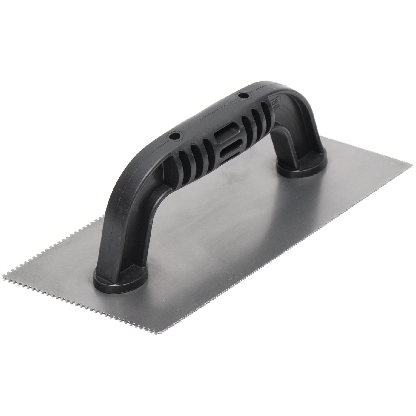 QLT by Marshalltown 208 9" x 4" Notched Trowel with Plastic Handle - 1/16" Square and 1/16" x 1/32" 'U' w/ 10 degree Cutback (16252) QLT by Marshalltown 208 9" x 4" Notched Trowel with Plastic Handle - 1/16" Square and 1/16" x 1/32" 'U' w/ 10 degree Cutback (16252)