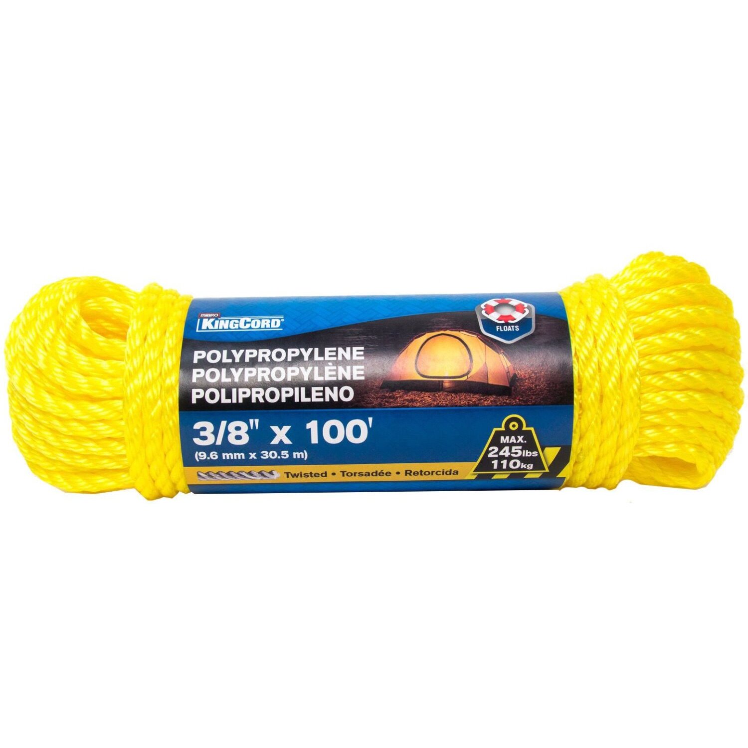 KingCord 300081BGV1  3/8" x 100' Twisted Yellow Polypropylene Rope